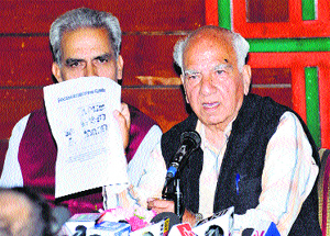 BJP leader Shanta Kumar addresses mediapersons in Shimla on Tuesday. 