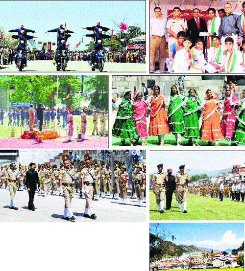 Well poised: Women police bikers in action during a Himachal Day function in Shimla on Tuesday. Photo Amit Kanwar; DC Abhishek Jain felicitates participants of cultural shows in Una on Tuesday. Photo: Rajesh Sharma; DC Rakesh Kanwar takes the salute from an NCC contingent during a parade in Kullu on Tuesday; Students perform a dance on Himachal Day in Mandi on Tuesday. Photo: Jai Kumar; DC KS Vasant inspects the parade at a Himachal Day function at Chowgan in Chamba on Tuesday; The Chamba Chowgan and the town in its background; Deputy Commissioner Devesh Kumar inspects the parade in Mandi on Tuesday. 
