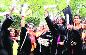 Students in a jubilant mood after receiving their degrees during the convocation of College for Women in Gurgaon on Tuesday.