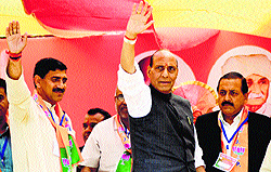 BJP president Rajnath Singh addresses an election rally in Udhampur on Tuesday