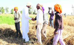 Congress-PPP candidate from Bathinda Manpreet Singh Badal meets farmers during an election campaign at a village in Mansa