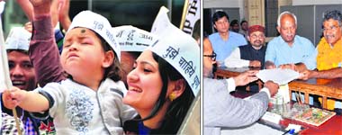 STAUNCH FOLLOWERS: An AAP supporter, along with her son, campaigns for Anoop Nautiyal; and (right) the candidate files his nomination papers at the District Magistrates office in Dehradun on Wednesday