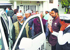 Aam Aadmi Party candidate Rajan Sushant during a roadshow at Dari near Dharamsala on Wednesday.