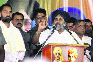 Punjab Deputy CM Sukhbir Badal addresses a rally in Jalandhar on Wednesday