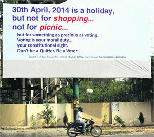 A signage with a message to promote voting put up on a unipole in Jalandhar on Wednesday