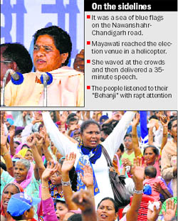 BSP supremo Mayawati at a rally in Nawanshahr on Wednesday; and supporters cheer their leader
