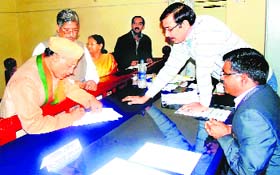 Maj Gen BC Khanduri (retd), BJP candidate from Pauri Garhwal, files his nomination papers at Pauri town on Thursday