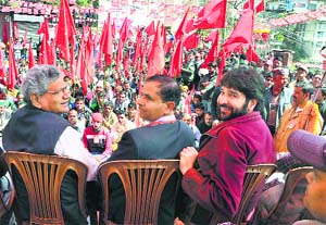 Politburo member Sitaram Yechury with Jagat Ram, CPM candidate for Shimla seat, and Tikender Panwar, Deputy Mayor, during a rally in Shimla on Thursday