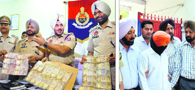 Police officials show cash recovered from Mandeep Singh; and (right) the accused in police custody.