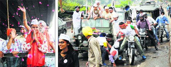 AAP candidate for the Chandigarh Lok Sabha seat Gulkirat Panag campaigns for HS Phoolka; and (right) a party worker falls off a two-wheeler in Ludhiana.
