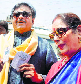 BJP Patna Sahib candidate Shatrughan Sinha and his wife at a polling station in Patna on Thursday.