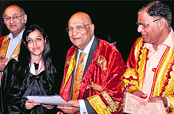 Lord Swraj Paul gives a degree to a student of Doaba College during a convocation function in Jalandhar on Friday