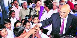 Lord Swraj Paul interacts with students at his alma mater LR Doaba School in Jalandhar on Saturday