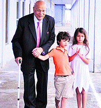 Lord Swraj Paul takes his grandchildren Emalya and Archie to LR Doaba Senior Secondary School in Jalandhar on Saturday