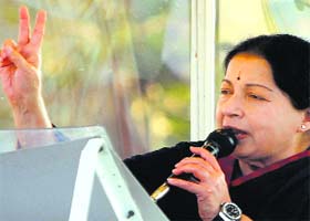AIADMK supremo J Jayalalithaa addresses a rally at Alandur in Chennai on Saturday