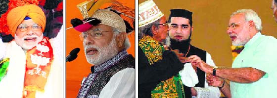 The combination of file pictures shows BJP prime ministerial nominee Narendra Modi wearing various headgears. He, however, refused to wear a skull cap offered by a Muslim cleric during his Sadbhavana Mission in 2012