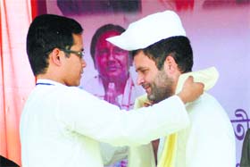 Congress vice-president Rahul Gandhi being presented a gamosha at a rally in Nagaon, Assam, on Saturday