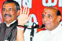 BJP president Rajnath Singh addresses a rally in Mukerian on Saturday. Tribune photo: Malkiat Singh