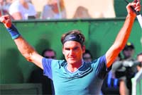 Roger Federer celebrates after defeating Novak Djokovic in the semifinal; and (right) Stanislas Wawrinka reacts after winning a point against David Ferrer during their semifinal at the Monte Carlo Masters in Monaco on Saturday. Reuters
