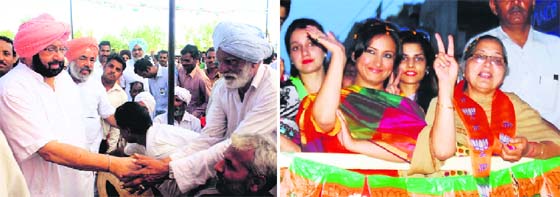 Congress candidate Amarinder Singh greets an elderly during a rally; and (right) Bollywood actress Divya Dutta campaigns for BJP candidate Arun Jaitley in Amritsar on Sunday.