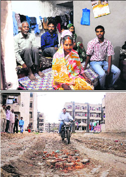 The family of Deshraj Singh in a room at a rehabilitation colony in Dhanas; and a potholed road in Dhanas. 