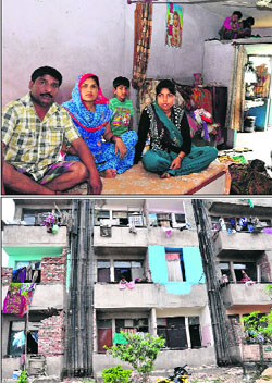 Makeshift arrangement (encircled) for children in a room of a rehabilitation colony in Sector 49, Chandigarh; and residents encroach upon balconies.