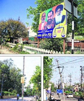 An illegal hoarding of the SAD-BJP candidate Pawan Kumar Tinu put up in the green belt near Patel Chowk; (below) election poles pitched in the middle of roads, causing traffic obstruction in Jalandhar