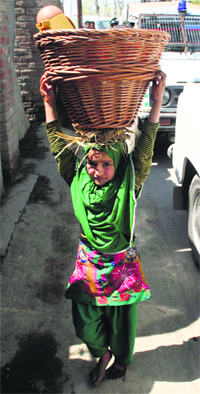 A girl carries a basket filled with goods to her house in Srinagar.