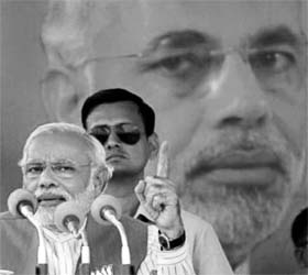 BJP's prime ministerial candidate Narendra Modi addressing a rally in Bilaspur, Chhattisgarh, on Sunday