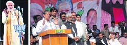 Wooing voters: BJP prime ministerial candidate Narendra Modi's speech is telecast through 3D Hologram technology at Pithoragarh on Monday; and (right) Chief Minister Harish Rawat addresses an election meeting at Kanalichina. photos: Ritu Gupta