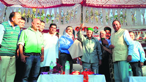 Chief Minister Virbhadra Singh during a rally in Nahan on Monday