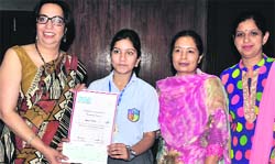 Shweta Arora, along with her teachers, in Jalandhar on Monday. A Tribune photograph 
