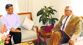 Governor NN Vohra with Khurshid A Ganai, Financial Commissioner of the Industries and Commerce Department, at Raj Bhawan in Jammu on Monday