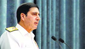 New Navy Chief Admiral RK Dhowan addresses officers and sailors in New Delhi on Monday.