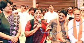 BJP nominee Sushma Swaraj addresses a public meeting in Vidisha.