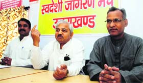 All for nature: Kashmiri Lal, national secretary of the Swadhesi Jagran Manch, addresses a press conference in Dehradun on Tuesday.