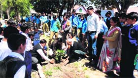 Saplings being planted on the campus of LSM Government Postgraduate College in Pithoragarh on Earth Day on Tuesday.