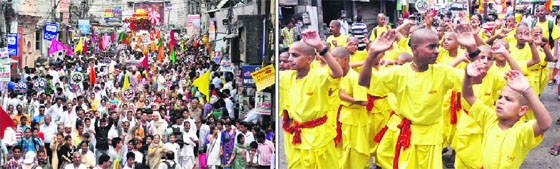 Devotees participate in the Lord Jagannath Rath Yatra in Jammu on Tuesday.