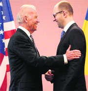 US Vice-President Joe Biden (L) with Ukrainian Prime Minister Arseniy Yatsenyuk during a meeting in Kiev on Tuesday.
