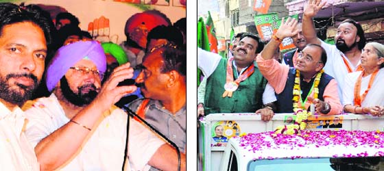 Congress candidate Captain Amarinder Singh addresses a rally; and (right) Aruj Jaitley of the BJP with other party leaders during a roadshow in Amritsar on Wednesday
