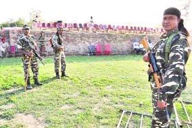 Heavy police force deployed at the venue where BJPs prime ministerial candidate Narendra Modi is scheduled to address a rally on April 25