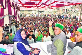 Pratibha Singh addresses a public meeting at Bharmour on Wednesday