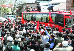National Conference president Farooq Abdullah addresses an election rally in Ganderbal on Wednesday. 
