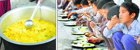 A cook prepares a mid-day meal at a government school in Ludhiana; and (right) students partake of food