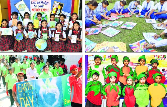 (Clockwise from top left) Students show cards made by them on World Earth Day at Spring Dale Senior Secondary Public School; students of GMT Public School take part in a painting competition; tiny tots dressed as fruits and vegetables at ABC Montessori School; and students of Shifaly International School, Rahon Road, take out a save environment rally in Ludhiana