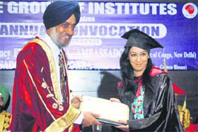 A student receives her degree during the annual convocation of the PCTE Group of Institutes in Ludhiana