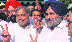 Deputy CM Sukhbir Badal with Vishnu Sharma in Patiala on Wednesday.