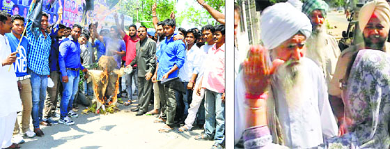 Members of the Valmiki community burn the effigy of SAD candidate Paramjit Kaur Gulshan in Moga on Wednesday; (right) she confronts a 70-year-old man after he cornered her on the drug issue.