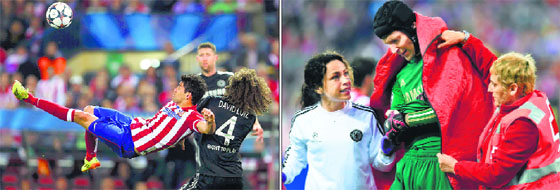 Atletico Madrids Diego Costa tries a bicycle kick; and Chelseas goalkeeper Petr Cech leaves the pitch due to an injury during their Champions League semifinal first leg in Madrid on Tuesday.