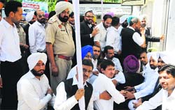 Advocates stage a protest in Mohali on Thursday. Tribune photo: Vicky Gharu